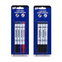 Four dry-wipe board markers in black, blue, and red.