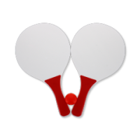 Red wooden beach tennis set with two bats and ball