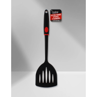 Non-stick slotted turner with a non-slip handle.