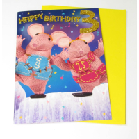 Clangers TV show age 3 birthday card with glitter
