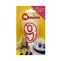 Number 9 birthday candle in white with colourful polka dots