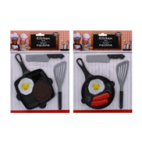 Assorted toy frying pan with miniature kitchen utensils