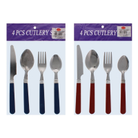 Assorted four piece plastic cutlery set in various colours