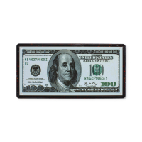 100 Dollar Tin Plate Wall Decor Sign with retro dollar bill design