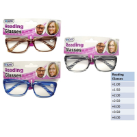 Close-up of striped frame reading glasses