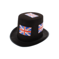 Union Jack top hat with black accents, patriotic headwear