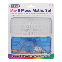 Rysons 9-Piece Metal Geometry Set with compass, ruler, protractor, and set squares.