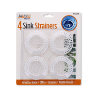 Four stainless steel sink strainers in a pack