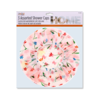 Pack of 3 reusable PVC shower caps in assorted colours