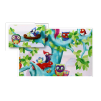 Gift wrap paper with colourful owls, squirrels, and birds design
