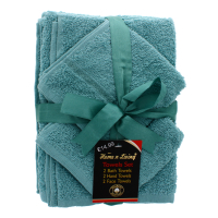 Satin Towel Set Aqua 6pcs including bath, hand, face towels.