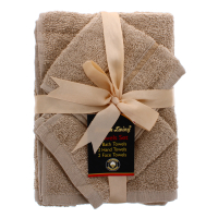 Beige satin towel set including bath, hand, and face towels