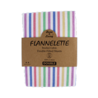 Flannelette double fitted sheet with candy stripe pattern.