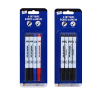 Four dry-wipe board markers in black, blue, and red.