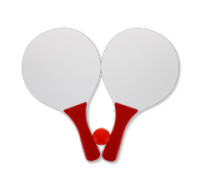 Red wooden beach tennis set with two bats and ball