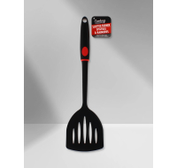 Non-stick slotted turner with a non-slip handle.