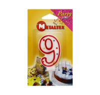 Number 9 birthday candle in white with colourful polka dots