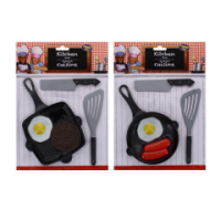 Assorted toy frying pan with miniature kitchen utensils