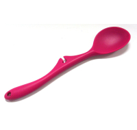 Pink silicone cooking spoon with handle rest