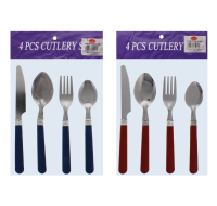 Assorted four piece plastic cutlery set in various colours