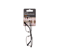 Sleek rectangle metal reading glasses with +1.50 power.