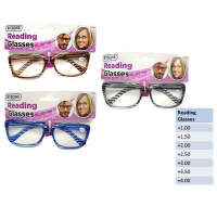 Close-up of striped frame reading glasses