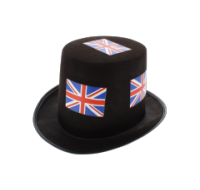 Union Jack top hat with black accents, patriotic headwear