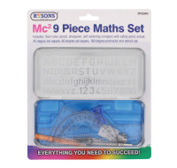 Rysons 9-Piece Metal Geometry Set with compass, ruler, protractor, and set squares.