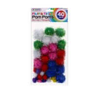 Rysons Fluffy Tinsel Pom Poms, Assorted Colours, 40 Pack for crafts