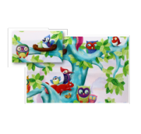 Gift wrap paper with colourful owls, squirrels, and birds design