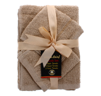 Beige satin towel set including bath, hand, and face towels