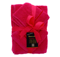 Fuchsia satin towel set with bath, hand, and face towels