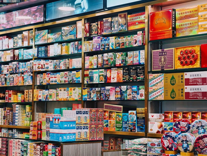 Bright and colorful display of various Asian products on supermarket shelves.