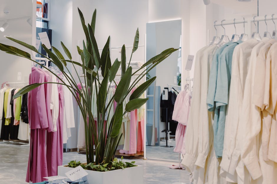 Bright and airy boutique featuring pastel garments and a lush green plant centerpiece.