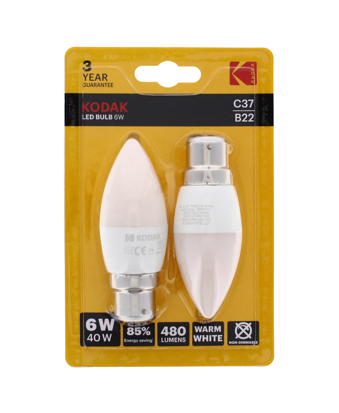 Kodak LED Bulb Candle B22 Bayonet 6W Warm White 2pk