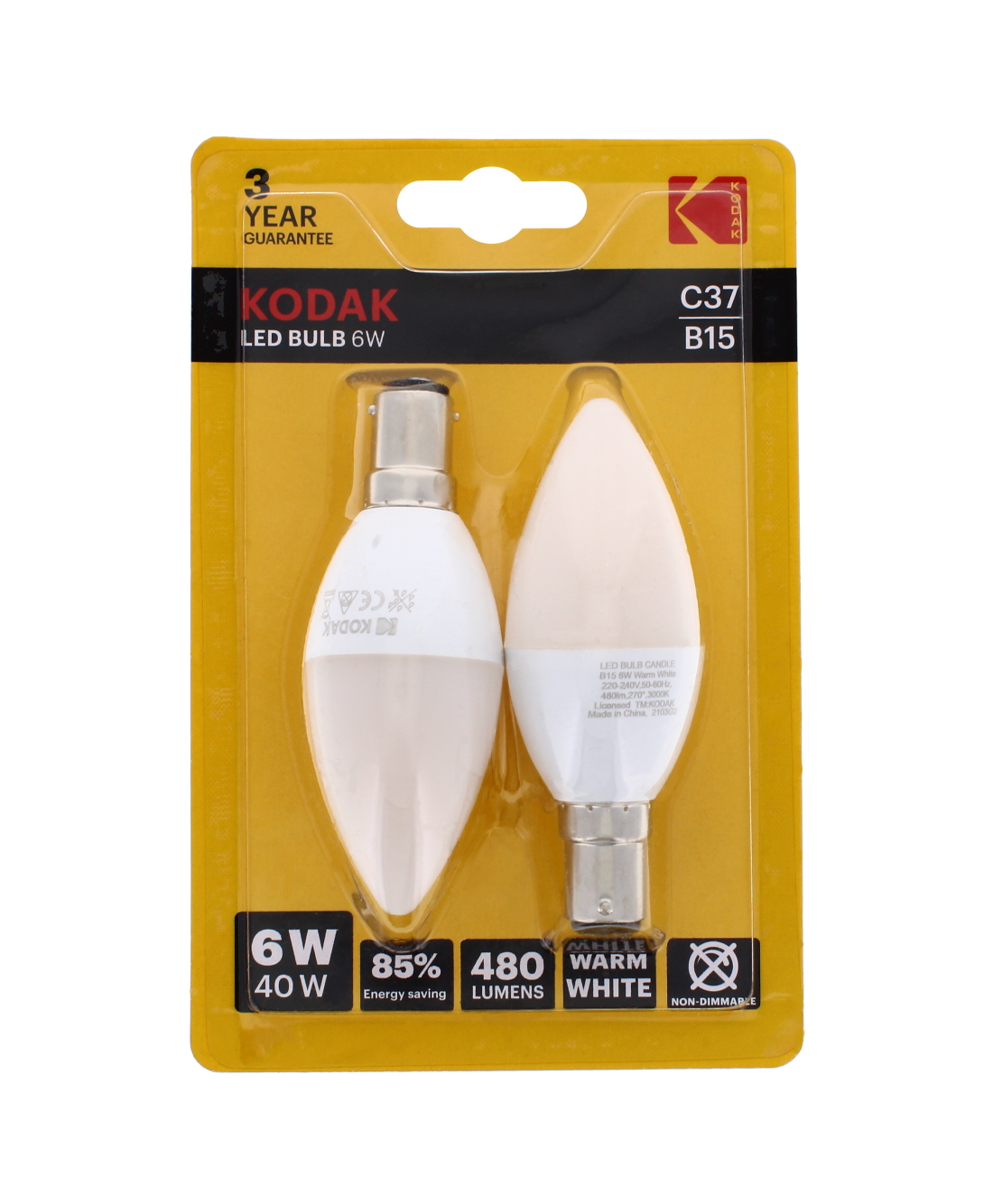 Kodak LED Bulb Candle B15 Bayonet 6W Warm White 2 pack