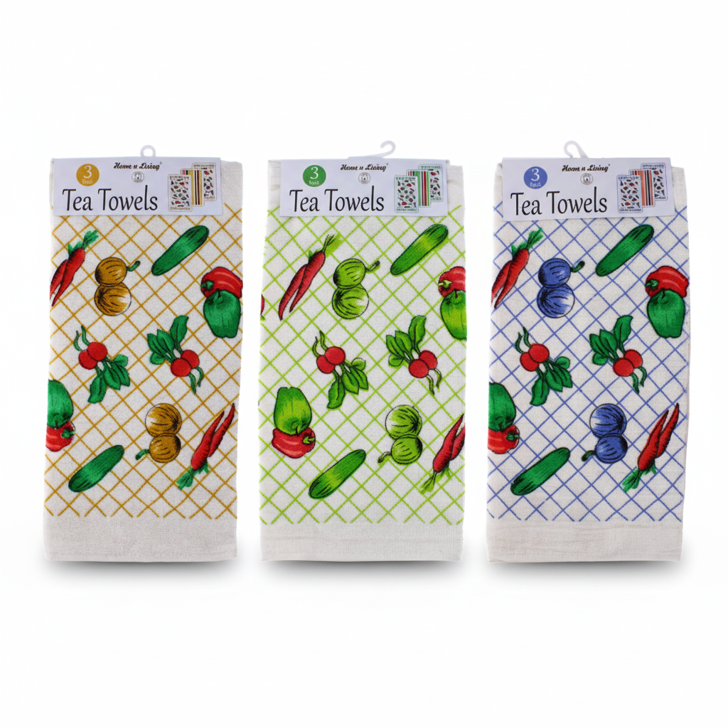 Velour Vegetables Printed Tea Towels 3pk