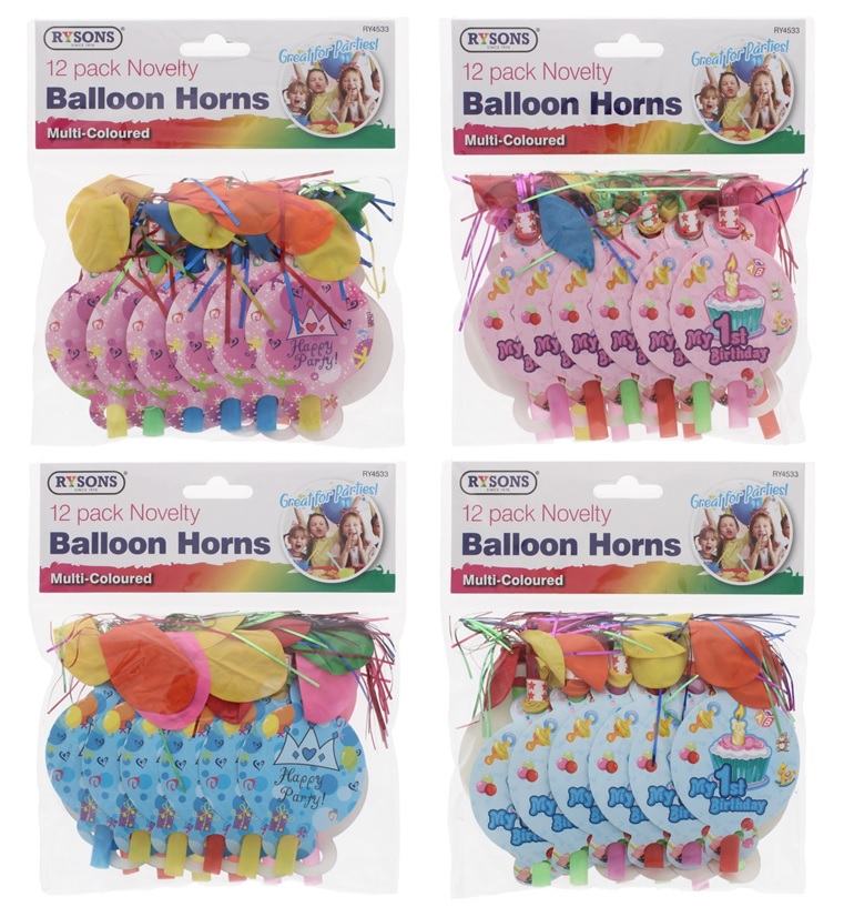 12 Pack Assorted Colour Balloon Party Horns