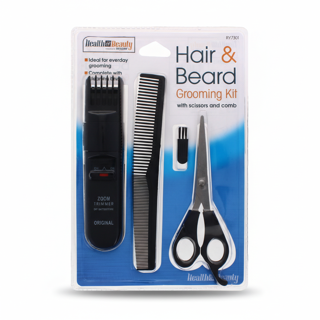 Men's Hair & Beard Grooming Kit with Scissors and Comb