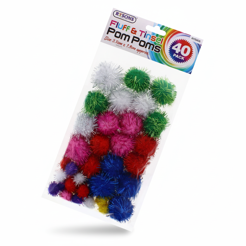 Fluffy Tinsel Pom Poms, Assorted Colours, 40 Pack
